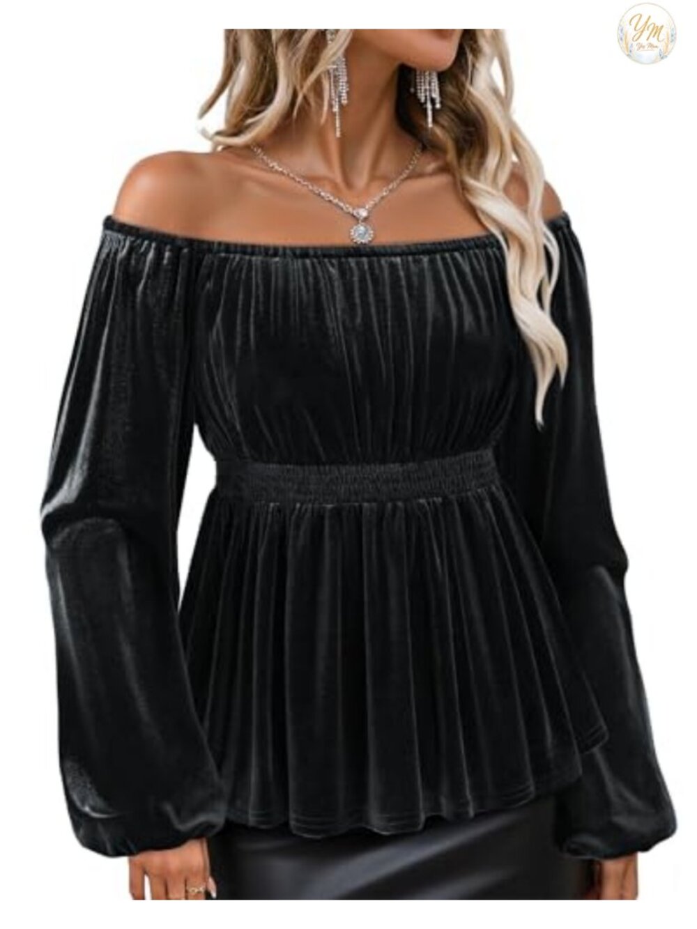 Velvet Off Shoulder Peplum Blouse Long Sleeve Ruffle Dressy Evening Top